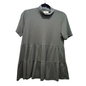 Entro Mock Neck Ribbed Olive Green Tiered Babydoll Top Size L